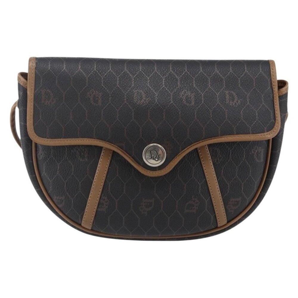 Authentic Christian Dior Honeycomb Canvas Shoulder Bag PVC Black Brown gold - Picture 5 of 16